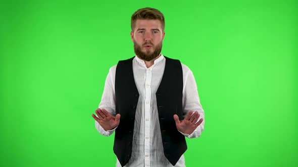 Man Refuses Stress and Takes Situation, Calms Down, Breathes Deeply. Green Screen alt