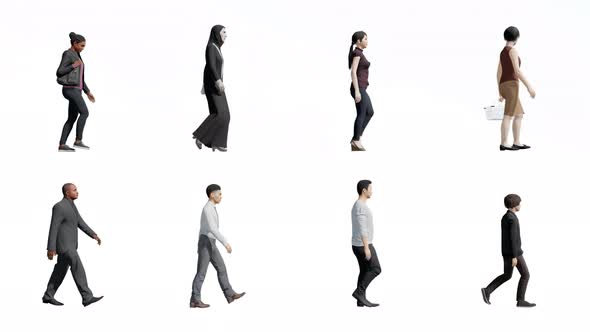 4K alpha channel,3D people walking on transparency background alt
