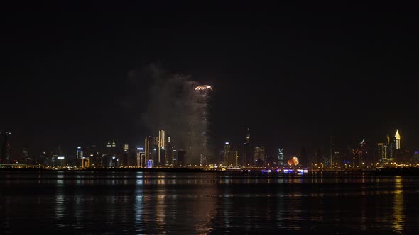 View of Burj Khalifa From the Dubai Creek Harbour New Years Fireworks Timelapse. alt