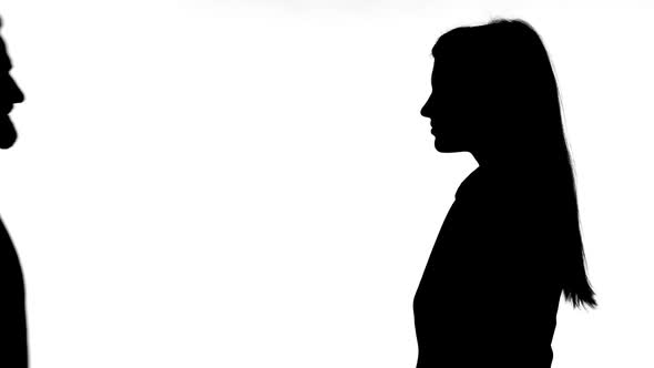 Silhouette of Young Couple Hugging Against White Background alt