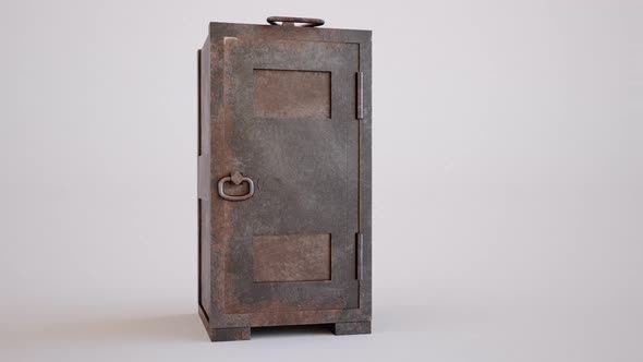Old, rusty safe. The doors of the strongbox open showing the empty interior. alt