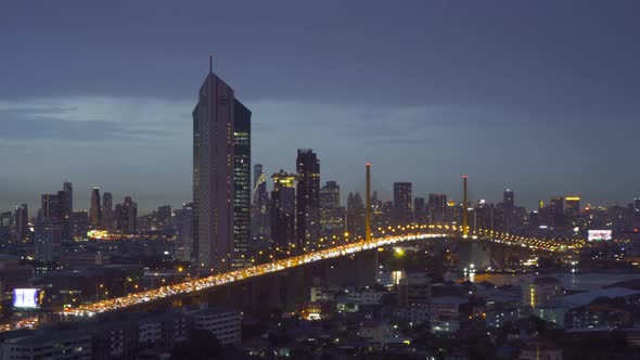 Aerial view of Rama 9 bridge and Kasikorn Building, with skyscraper high rise buildings