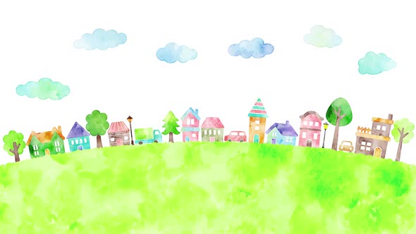 Watercolor houses and trees and clouds