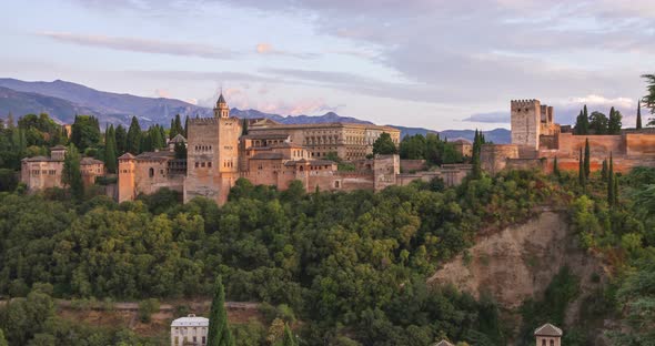 Alhambra palace on top of the hill 4K timelapse, Granada, Andalucia, Spain