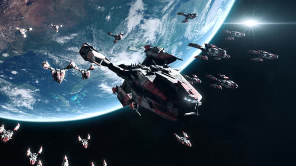 Sci-Fi Battleship Fleet in Earth Orbit