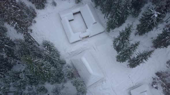Aerial View of Wooden Houses and Winter Forest alt