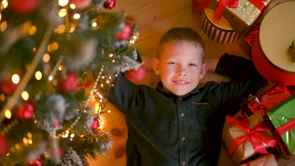 A happy child lies under the tree next to gifts and dreams.
