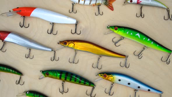 Fishing wobblers on a wood texture background