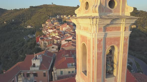 Aerial view on Civezza and San Marco Evangelista church in Liguria, Italy. Mediterranean town villag alt