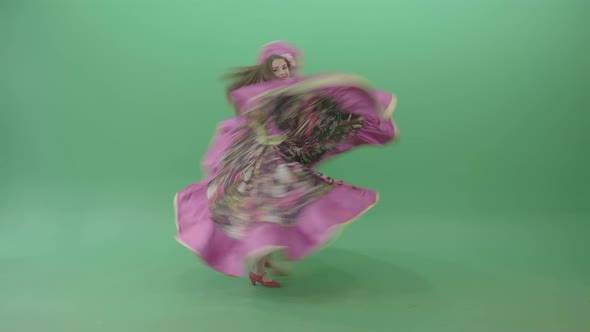 Romantic Moldovan Girl Dancing In Roma Gypsy Dress Isolated On Green Screen  alt