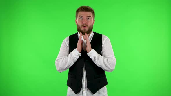Surprised Man with Shocked Face Expression. Green Screen alt