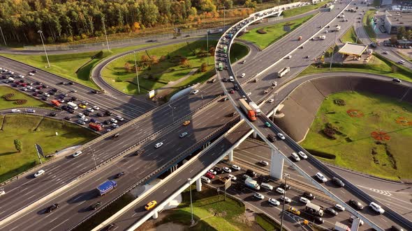 Aerial View of a Freeway Intersection Traffic Trails in Moscow alt