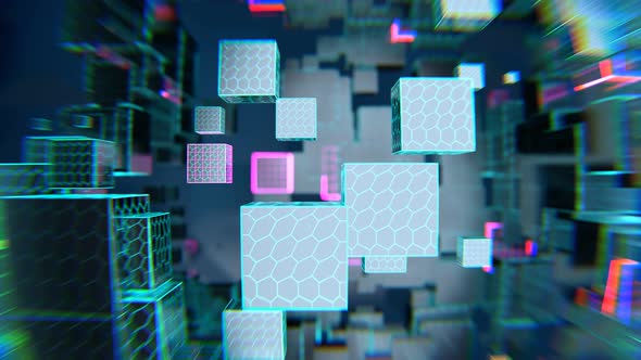 Abstract cubes with neon lines rotate and change their sizes. Seamless animation.