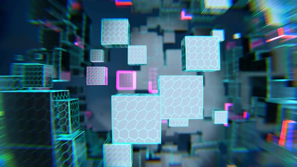 Abstract cubes with neon lines rotate and change their sizes. Seamless animation. alt