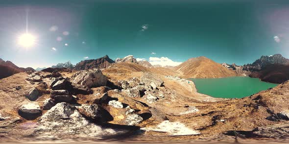 VR Gokyo Ri Mountain Lake at the Winter Season. Wild Himalayas High Altitude Nature and Mount Valley alt
