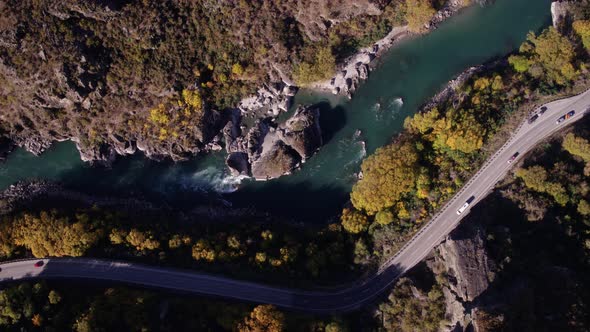 Birdseye Drone shot of Road and River