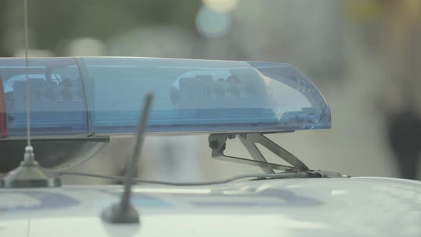 Flashing Flasher on the Roof of a Police Car. Blinker. Close-up. alt