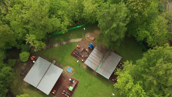 Children Play on the Playground in Kindergarten in Summer Aerial View