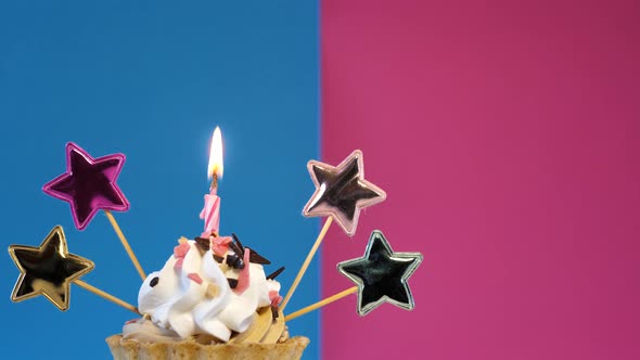 Birthday Cupcake with Candle and Birthday Decorations on a Bluepink Background alt
