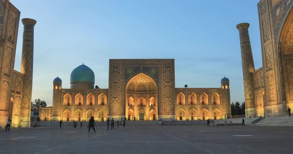 Registan square at dusk in Samarkand, Uzbekistan
