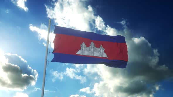 Flag of Cambodia Waving at Wind Against Beautiful Blue Sky alt
