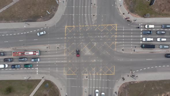 AERIAL: Traffic during Rush Hour on a Very Big Crossroad