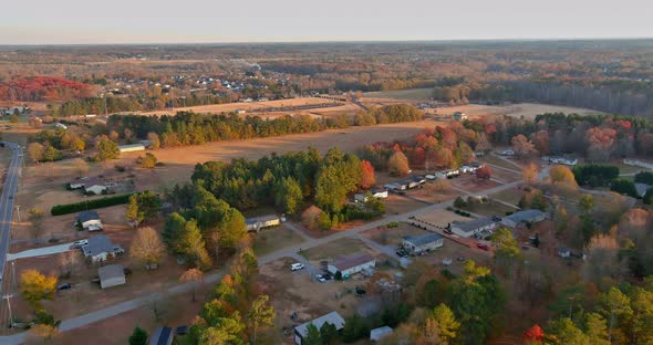 Aerial View of Autumn Day on South Carolina Small Town Boiling Spring Street Overview in Fall alt