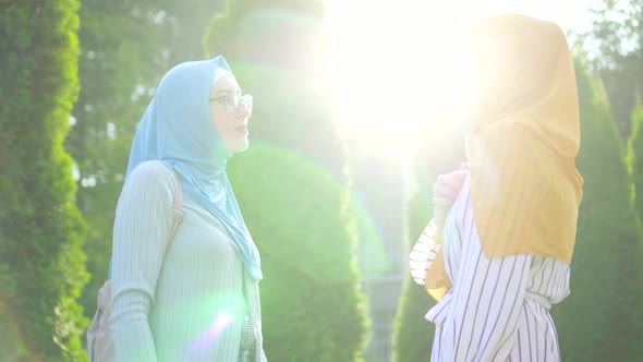 Two Young Hard of Hearing Muslim Women in Traditional Scarves and Glasses Communicate Using Sign alt