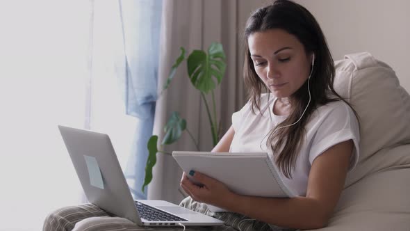 Young Woman Wears Headset Online Teacher Studying From Laptop Working From Home