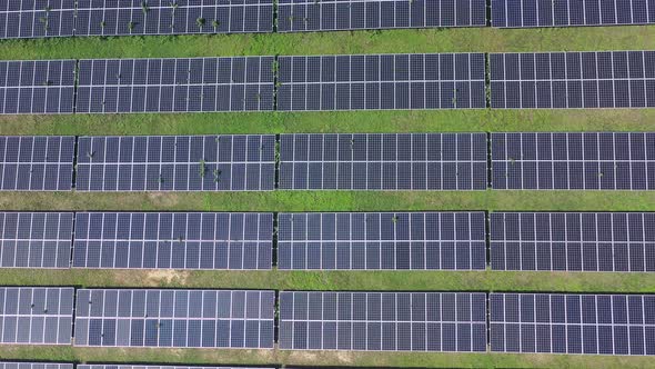 Aerial view of Ecology solar power station panels in the fields green energy. Landscape electrical i alt