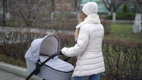 Young Mother Walking with a Child in Pram. Autumn Season alt