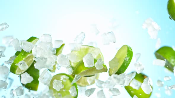 Super Slow Motion Shot of Flying Fresh Lime Slices and Crushed Ice at 1000 Fps alt
