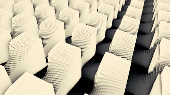 Abstract 3d geometric shapes in rows becoming black and white checkered flat surface alt