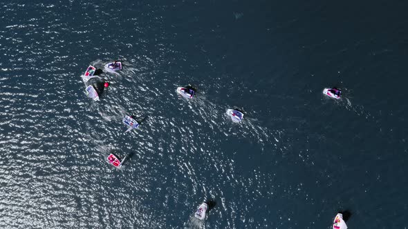 Top down view sailing small boats on the lake alt