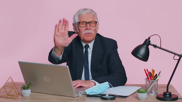 Senior Businessman Removing Taking Off Medical Mask and Throws It Away Ending Pandemic Quarantine alt