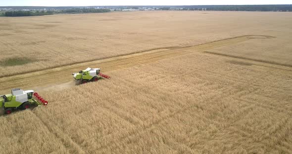 Aerial View Combines Harvest Wheat Against Landscape alt