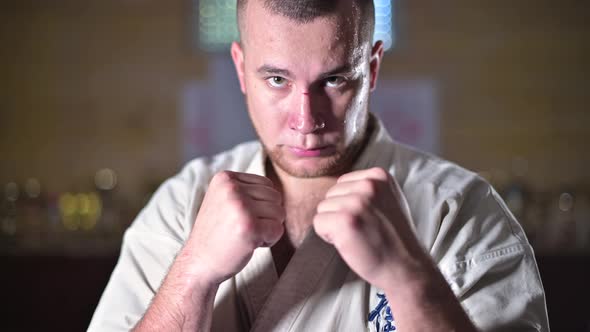 Fighter stands in a fighting stance, then looks up and looks at the camera alt