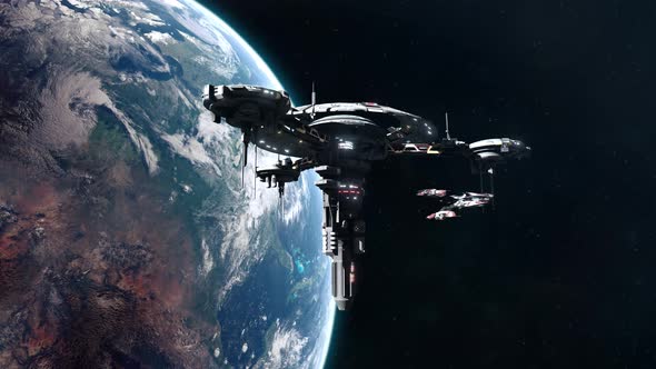 Sci-Fi Battleship Leaving Space Station In Earth Orbit