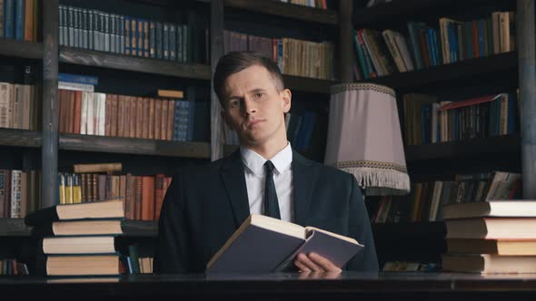 Portrait of Attractive Business Man Reading a Book in the Library Thinking Over Generating Ideas
