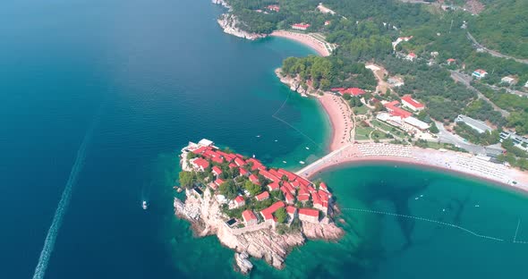 Sveti Stefan near Budva, Montenegro. Famous Old Town village island luxury hotel on Adriatic sea