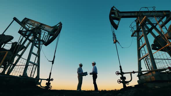 Two Pumpjacks with Male Engineers Shaking Hands Between Them. Fossil Fuel, Crude Oil Concept alt