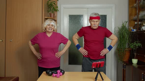 Elderly Man Woman Doing Fitness Exercises Starting Live Stream Vlog Blog Online Distance Course alt