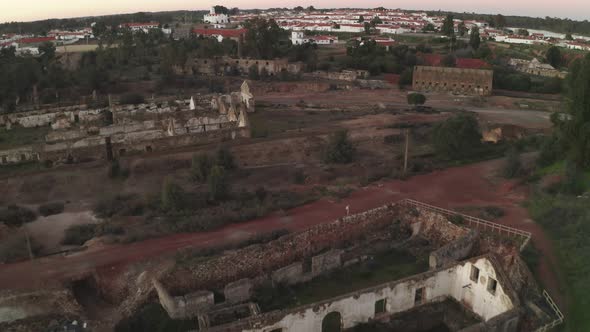 Aerial drone view of the abandoned mines of Mina de Sao Domingos, in Alentejo Portugal alt