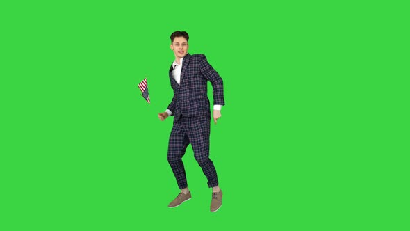 Cool Man in Suit Does Crazy Dancing with American Flag on a Green Screen, Chroma Key. alt