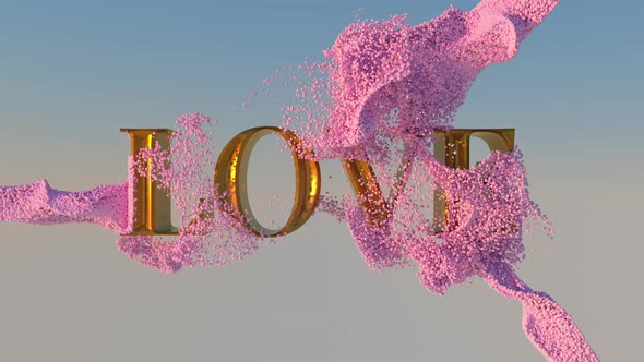 3 Fluids of pink particles collide with the word LOVE and get stuck on it