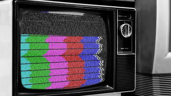 Old Retro TV Turning On Test Pattern or Color Bars. Close Up. Black and White Tone.