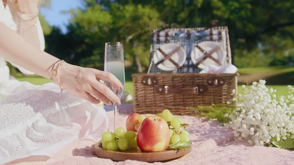 Woman with Drink Making Toast Outdoors Unrecognizable Female Having Fun Picnic alt