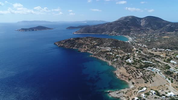 Faros beach on the island of Sifnos in the cyclades in Greece seen from the sky alt