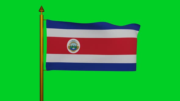 National flag of Costa Rica waving with flagpole on chroma key, Republic of Costa Rica flag textile alt