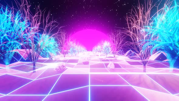 Scifi Space Abstract Alien Planet with Neon Lights and Trees and Rocks